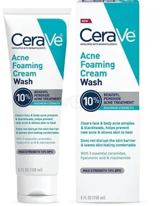 Cerave Acne Foaming Cream Wash 10% Benzoyl Peroxide for Acne Treatment (Made in USA) 150ml