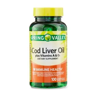 Spring Valley Cod Liver Oil Plus Vitamin A & D Immune Health Dietary Supplement 100 Capsules (Box of 100)