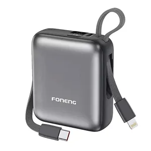 Foneng PX115 10000mAh Mini 22.5W Power Bank with 2 Built-in Cables - Dark Gray